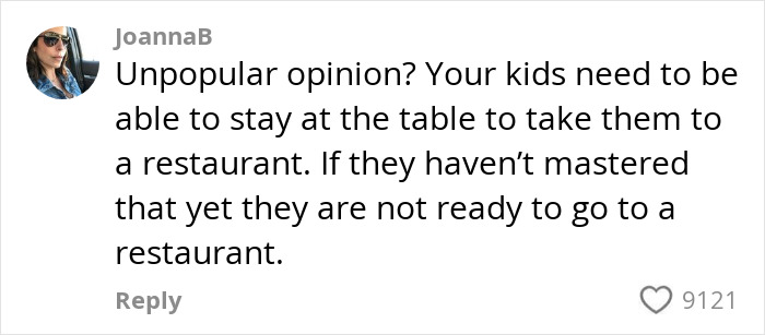Comment on restaurant etiquette for kids needing table manners.