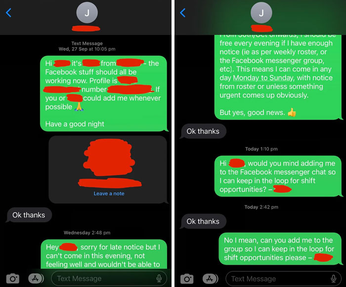 Text messages show frustrating conversations with a boss about work schedule and Facebook group.