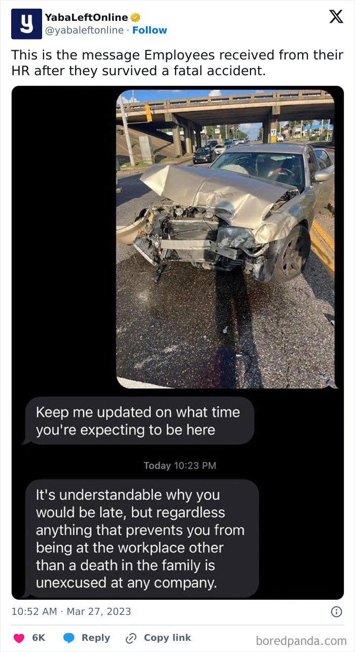 Damaged car after accident, with a text message from boss showing insensitivity, highlighting infuriating superiors.