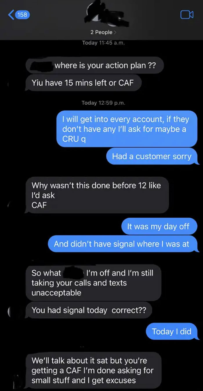 Text message exchange with a demanding boss questioning employee's action plan and lack of signal on day off. Most infuriating superiors.