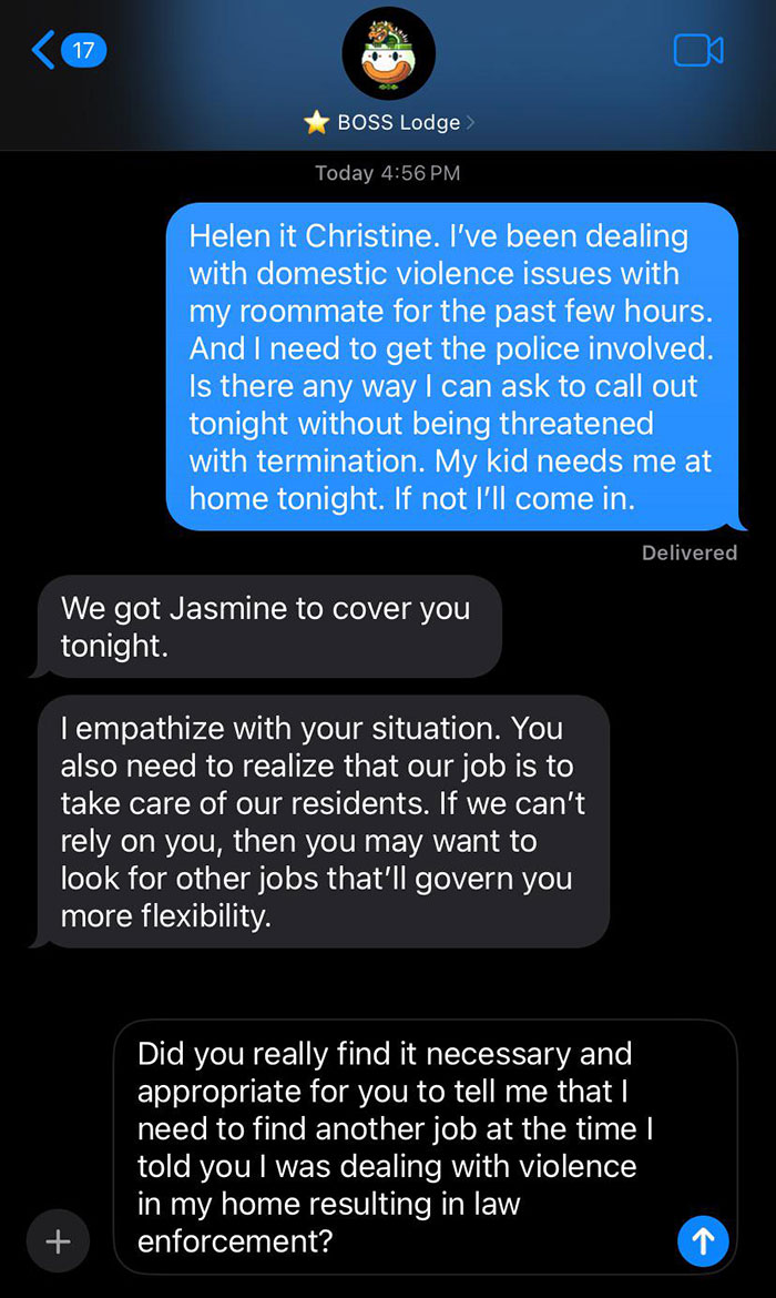 Text conversation highlighting an infuriating boss's insensitive response to a domestic violence situation.