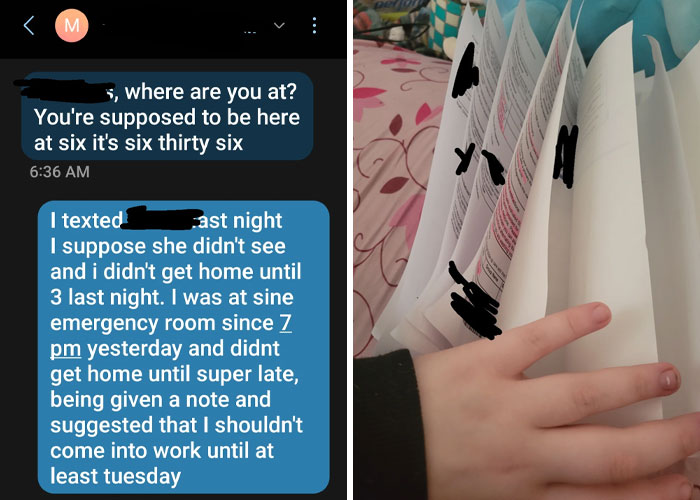 Text message exchange with boss questioning employee's tardiness; papers held by hand showing evidence, highlighting infuriating superiors.