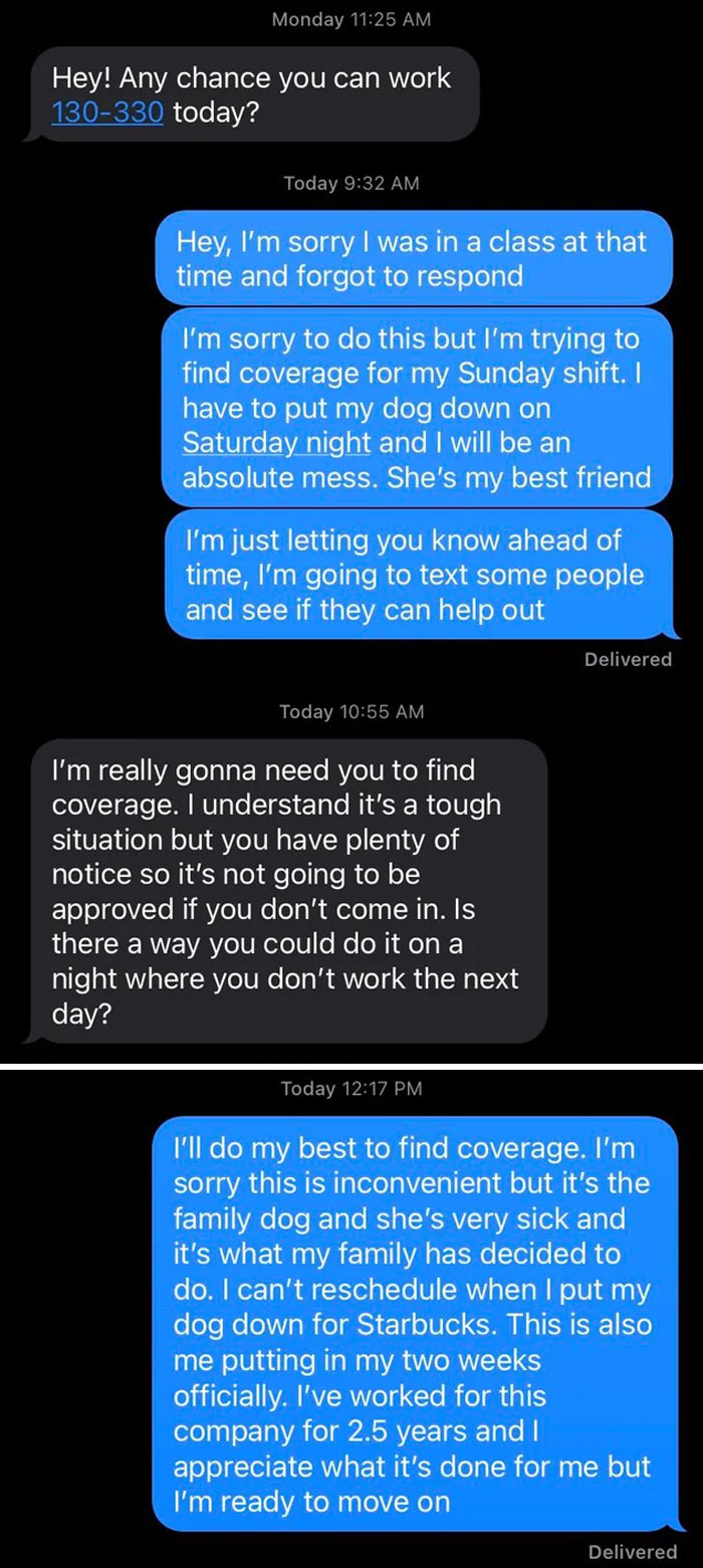 Text exchange showing a superior pressuring an employee to cover a shift despite a personal crisis.