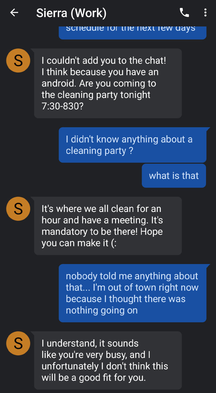 Text conversation showing an infuriating boss discussing a mandatory cleaning party.