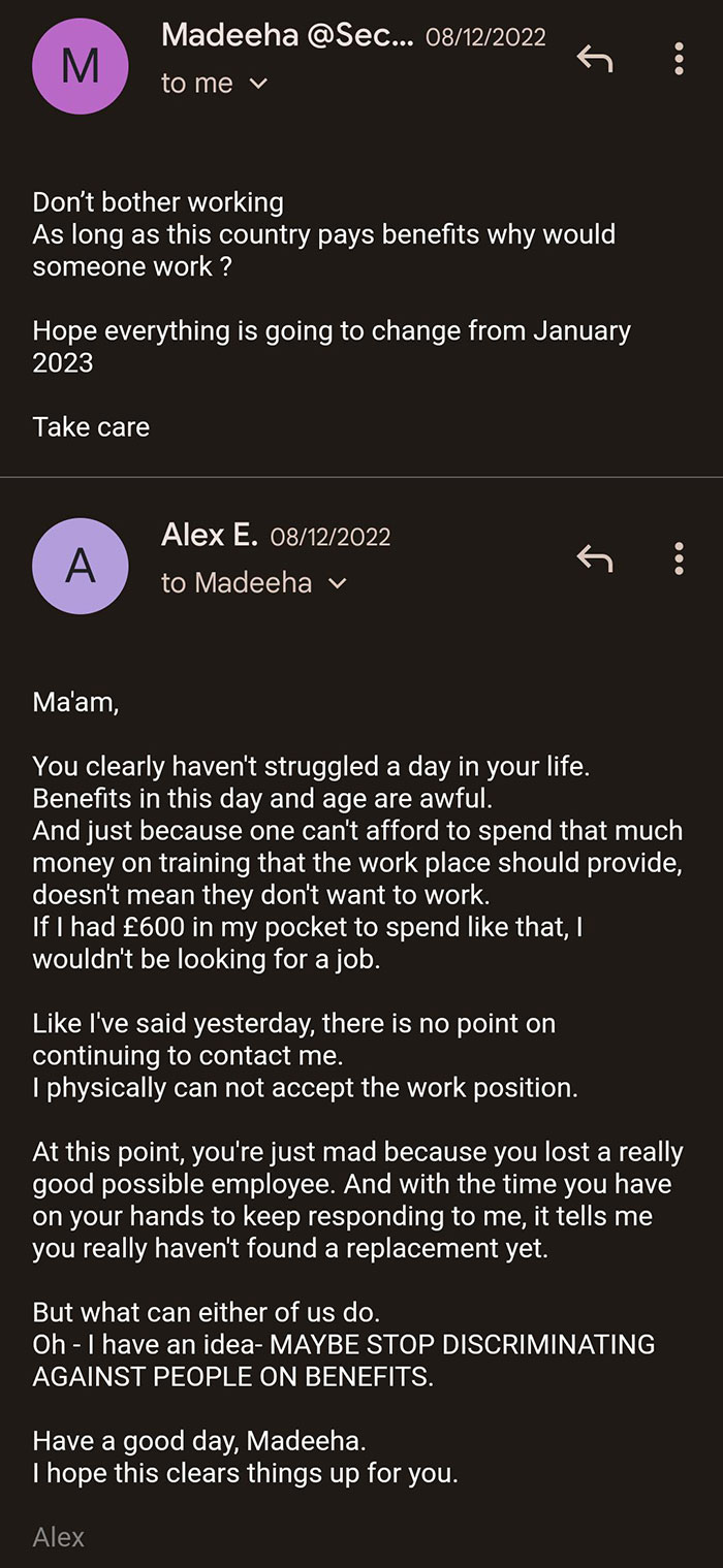 Email exchange highlighting issues with infuriating bosses and discrimination against people on benefits.