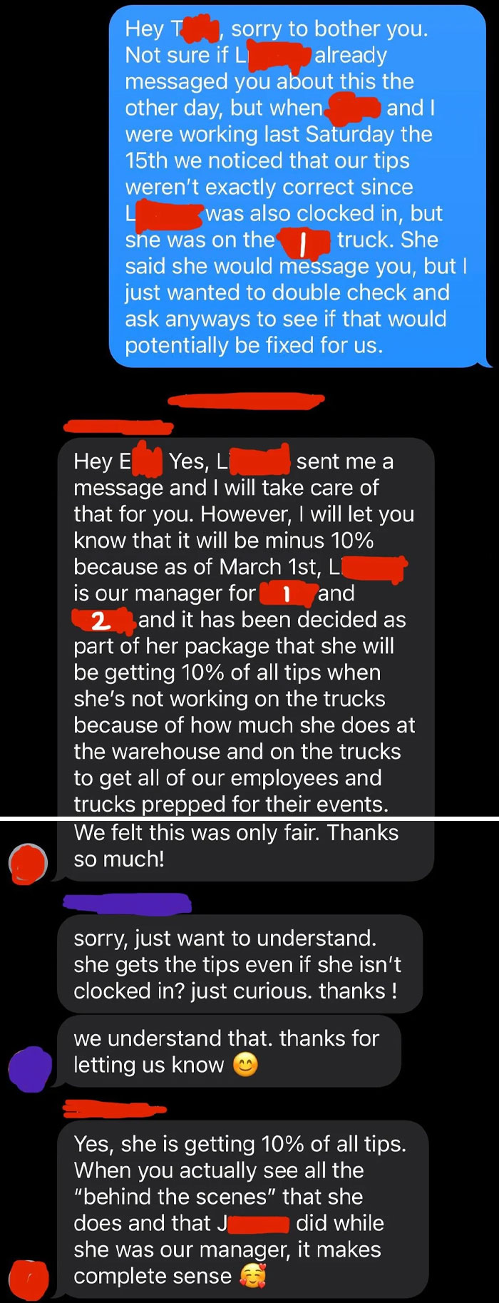 Text exchange revealing infuriating boss taking tips unfairly, sparking frustration among employees.