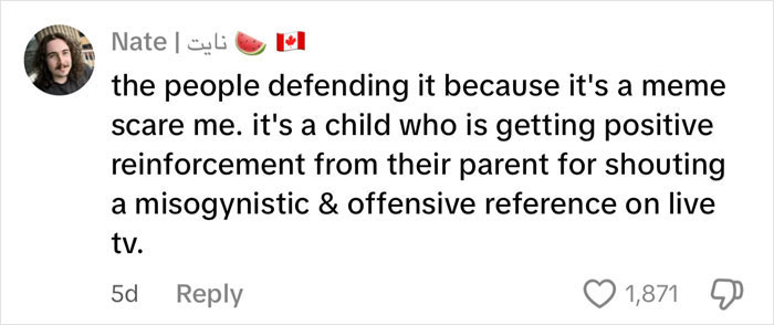 Comment addressing misogynistic and offensive behavior on TV, emphasizing concerns about parental influence.