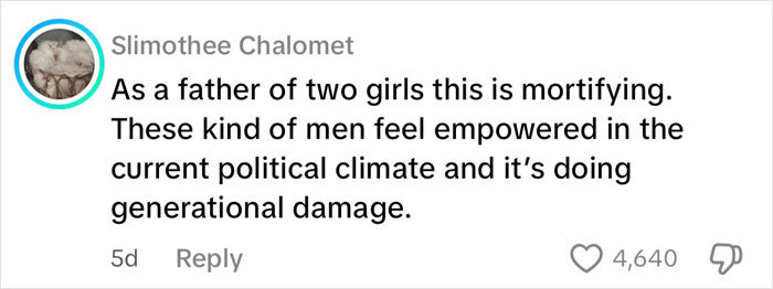 Comment on misogynistic behavior by online user, expressing concern over generational damage and empowerment in politics.