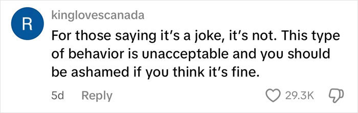 Comment criticizing misogynistic behavior, stating it's unacceptable and not a joke.