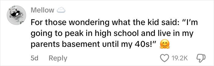 Comment discussing vulgar remark made by a 9-year-old boy, mentioning high school peak and living in a basement.