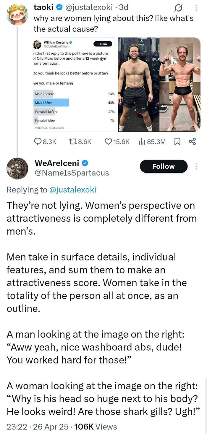 Singer's physique transformation shown with before and after gym photos sparking debate between men and women.