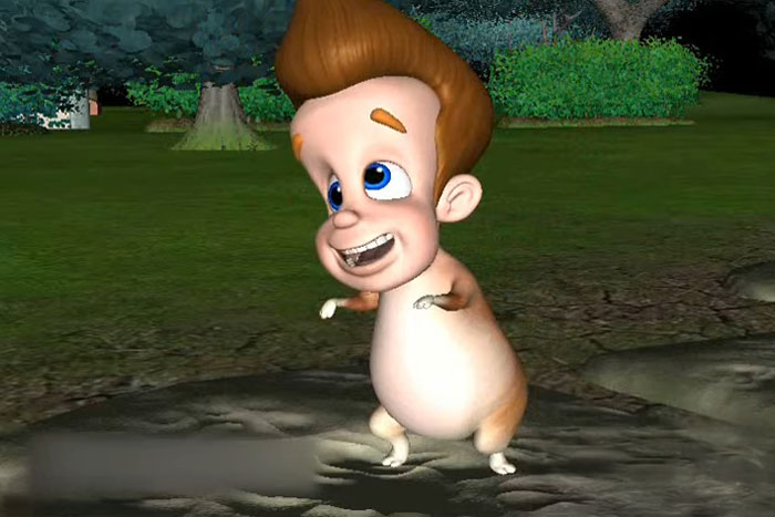 Cartoon boy with spiky hair joyfully playing in a forest scene.