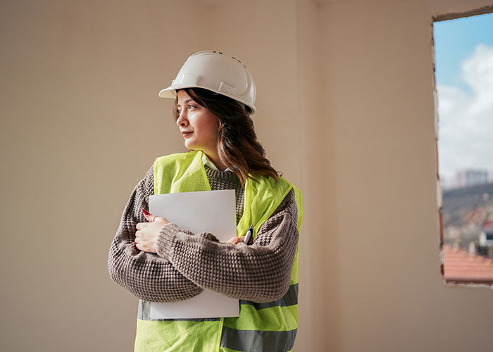 Woman in a construction site wearing a hard hat and vest, holding documents, representing ways women decenter men.