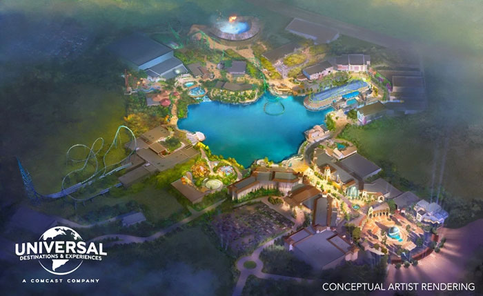 Artist's rendering of Universal's new theme park in Bedford, UK, showcasing various attractions and a central water feature. Artist's rendering of Universal's new theme park in Bedford, UK, showcasing various attractions and a central water feature.