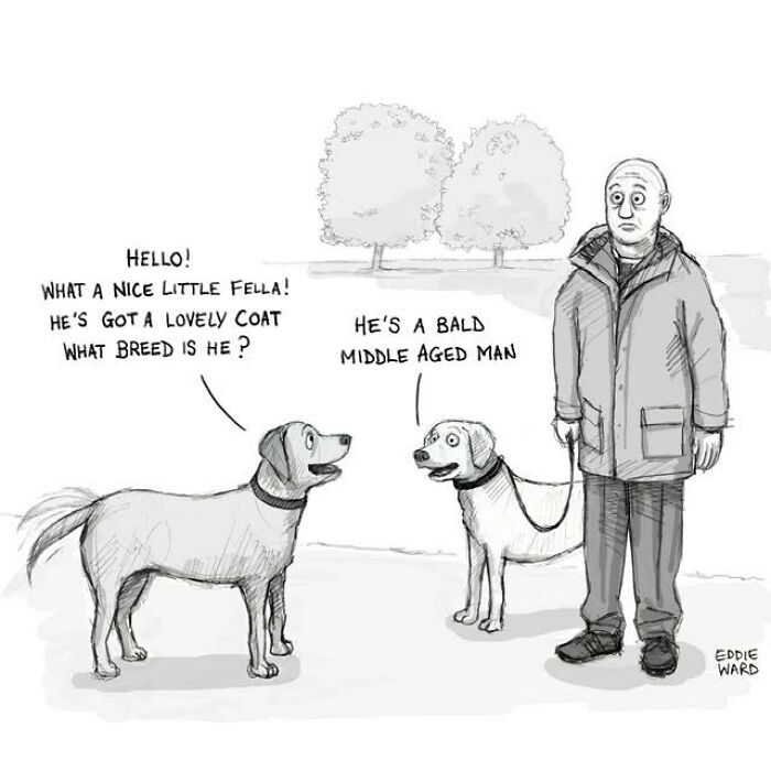 Two dogs humorously discussing a man as a breed. Comic by Eddie Ward.