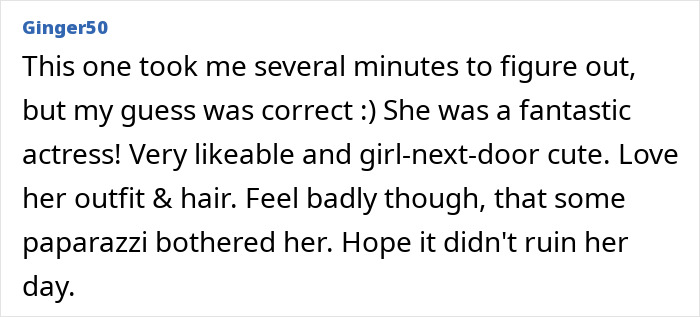 Comment praising an actress, mentioning her outfit, hair, and concern for paparazzi.