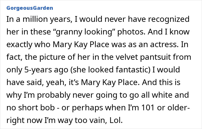 Text discussing Mary Kay Place's unrecognizable appearance and past style choices.
