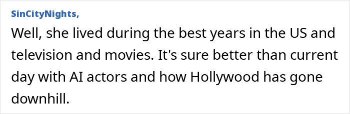 Text from user SinCityNights discussing Mary Kay Place's impact on TV and movies compared to AI actors today.