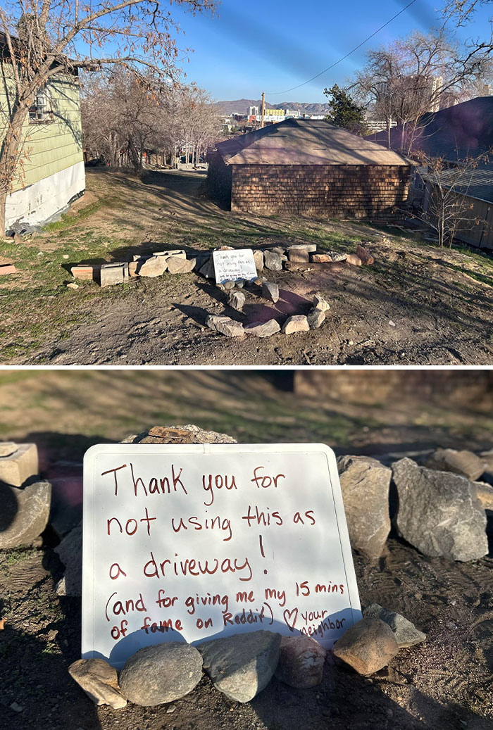 Sign amidst rocks asking politely not to use as a driveway, hinting at local fame and shaming lack of self-awareness.