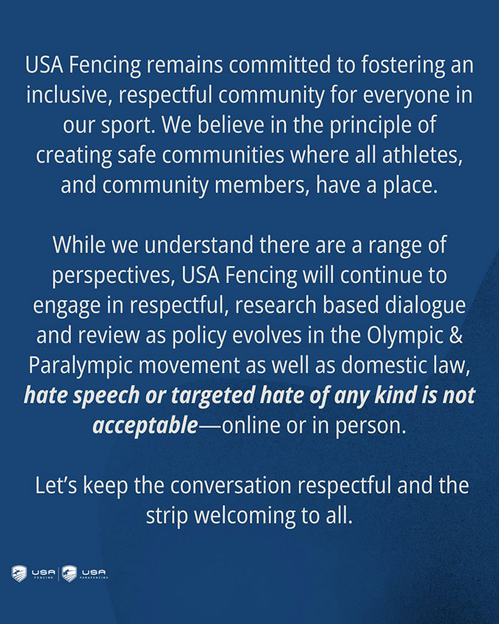 USA Fencing statement on inclusivity and respect, emphasizing a safe community for all athletes. USA Fencing statement on inclusivity and respect, emphasizing a safe community for all athletes.