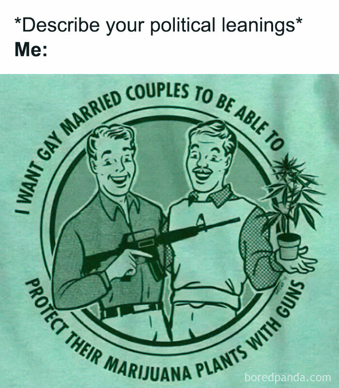 Two smiling men with a gun and a m*******a plant, humorously depicting political leanings in a meme.