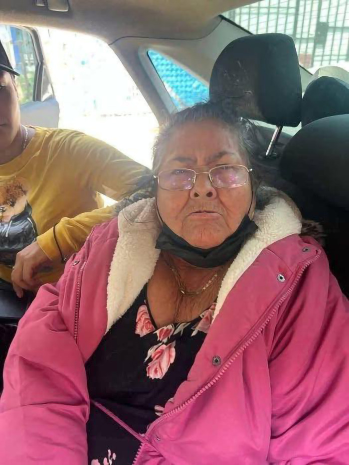 Elderly woman with pink jacket sitting in a car, wearing glasses and floral dress, embodying a vigilant look. Elderly woman with pink jacket sitting in a car, wearing glasses and floral dress, embodying a vigilant look.