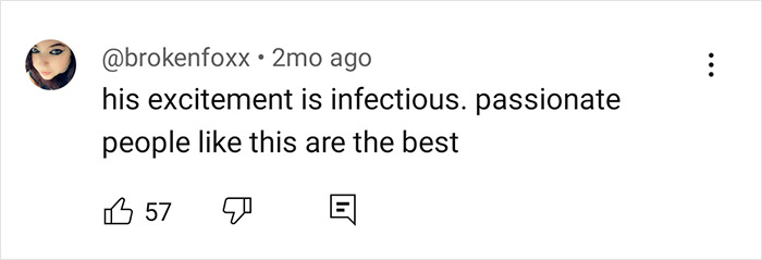 Comment praising actor Walton Goggins for his infectious excitement and passion, with 57 likes.