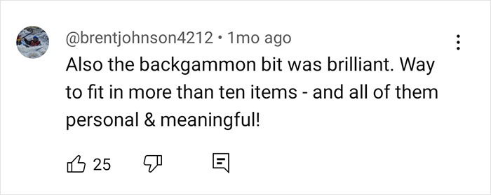 Comment praising Walton Goggins for adding personal and meaningful items beyond ten essentials.