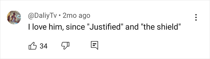 Comment praising Walton Goggins for roles in "Justified" and "The Shield," with 34 likes.