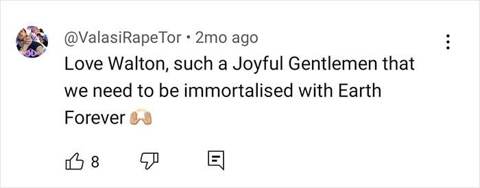 Comment praising Walton Goggins as a joyful gentleman, liked by 8 users.