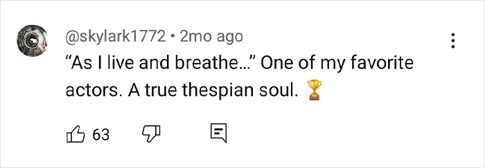 Comment highlighting actor's impact, calling him a true thespian soul, with trophy emoji.