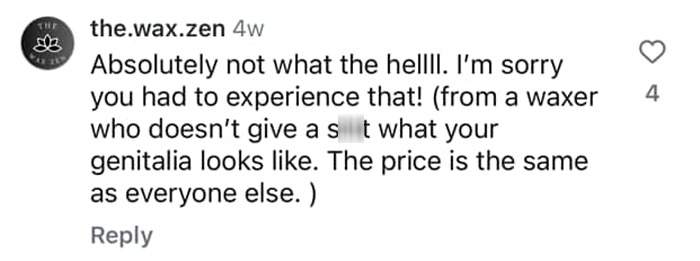 Instagram comment from a waxer addressing controversy over charging based on pubic area size, supporting equal pricing. Instagram comment from a waxer addressing controversy over charging based on pubic area size, supporting equal pricing.