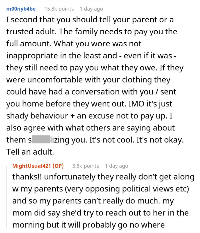 Reddit discussion about teen babysitter's unpaid work due to tank top; user advises involving parents. Reddit discussion about teen babysitter's unpaid work due to tank top; user advises involving parents.