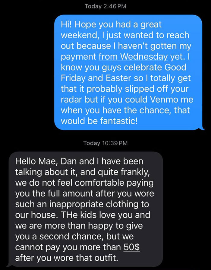 Teen's tank top causes payment dispute with religious couple over babysitting job. Teen's tank top causes payment dispute with religious couple over babysitting job.