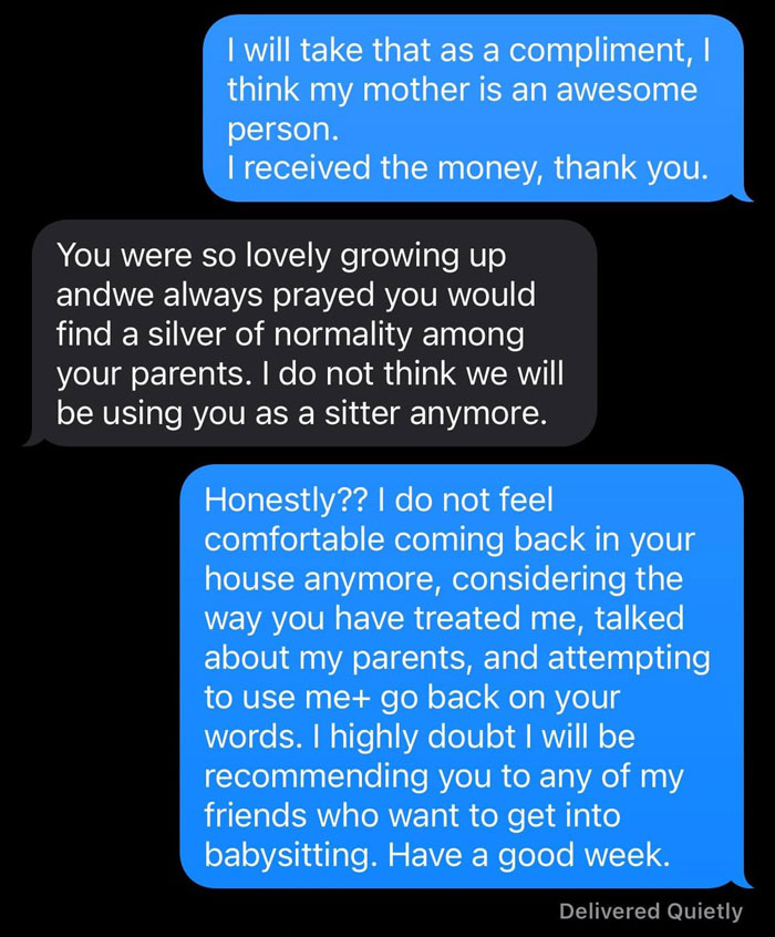 Text exchange about babysitting disagreement involving teen's tank top. Text exchange about babysitting disagreement involving teen's tank top.