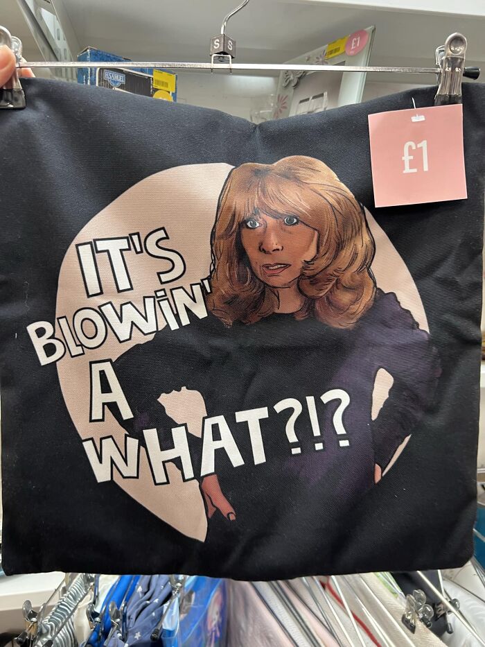 Cushion with a cartoon woman's face and text "It's Blowin' a What?!", found in a secondhand shop, priced at £1.