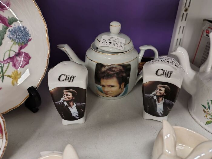 Unique secondhand shop find: teapot set featuring images of Cliff on a teapot and salt shakers.