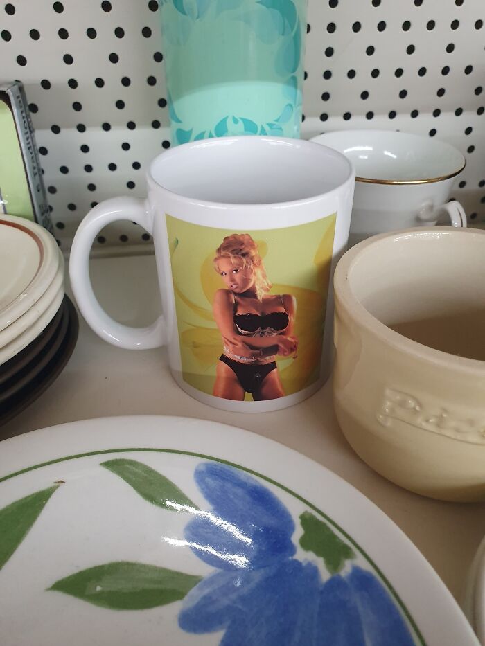 Mug with a retro photo design found in a secondhand shop among vintage dishes.