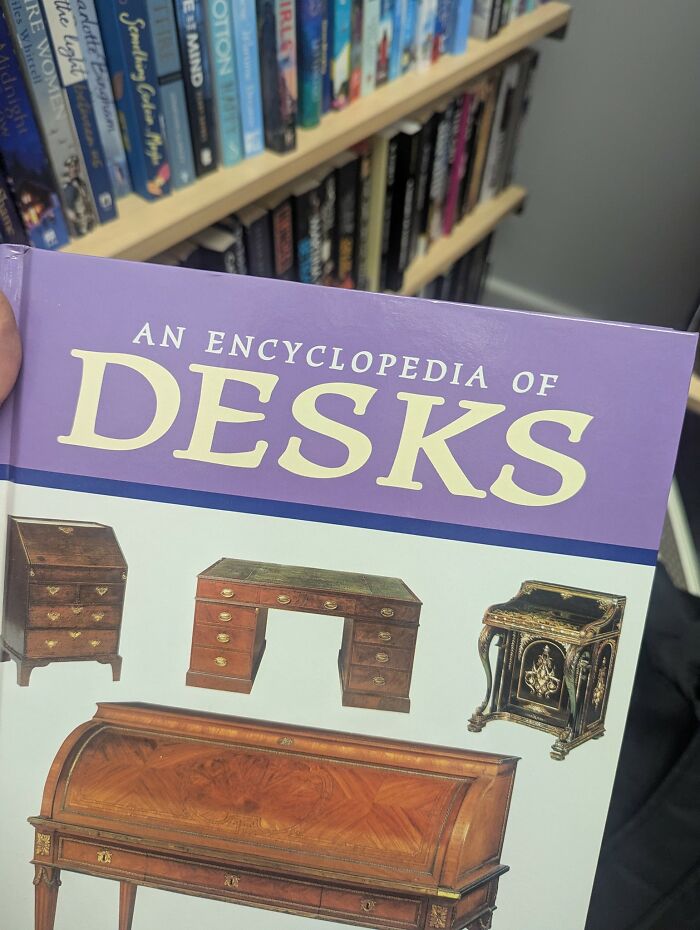 Encyclopedia of desks book found in a secondhand shop, featuring various antique desk styles on the cover.