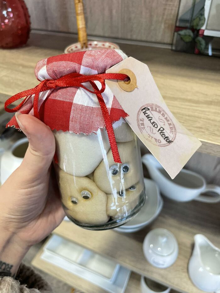 Hand holding a jar of quirky plush toys with googly eyes, wrapped in checkered fabric, found in a secondhand shop.