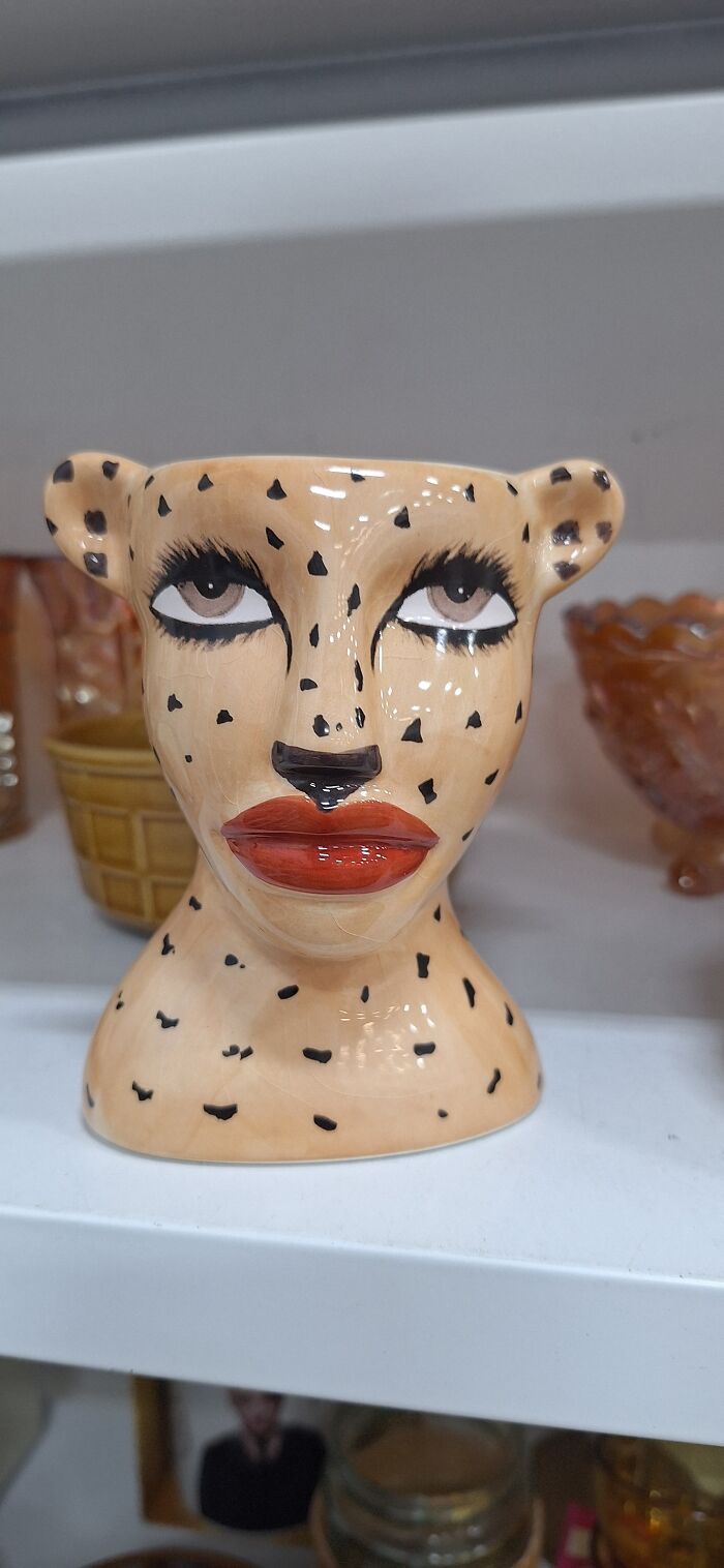 Quirky cheetah face mug with red lips, spotted design found in a secondhand shop.