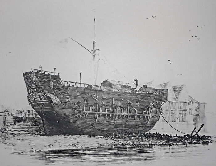 Historical ship illustration docked at a harbor, depicting fascinating aspects of maritime architecture.