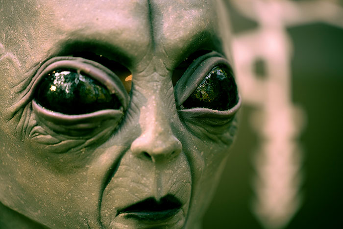 Close-up of an alien-like sculpture with large eyes, representing weird and fascinating science concepts.
