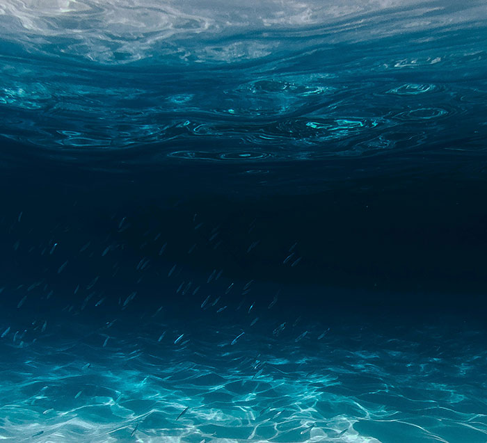Underwater view with light filtering through, illustrating the mysterious ocean depths hinting at no true bottom.