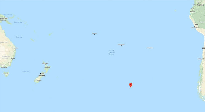 Map of the South Pacific Ocean with a marked point, illustrating a fascinating science fact about remote locations.
