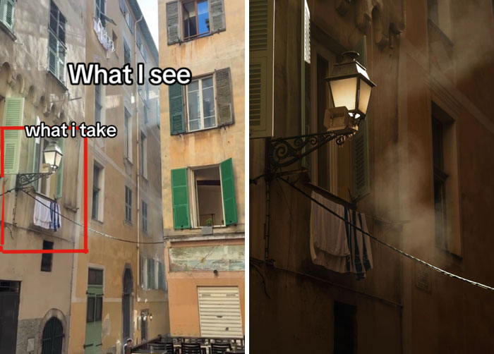 "What I See" vs. "What I Take" photo comparison by photographer, showing an atmospheric street lamp scene.