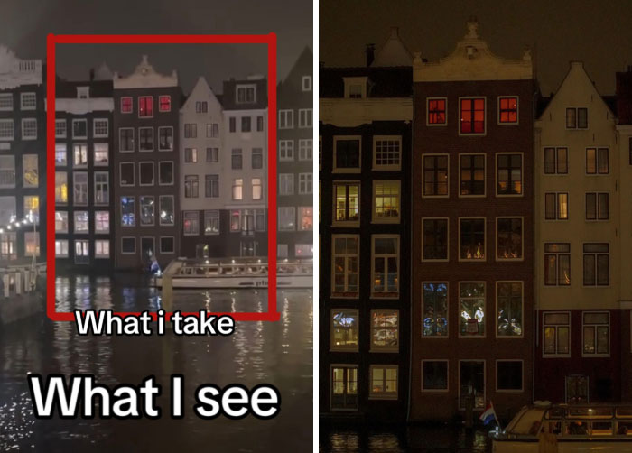 Comparison of buildings at night, showing a photographer's perspective in how she spots the perfect shots to take.