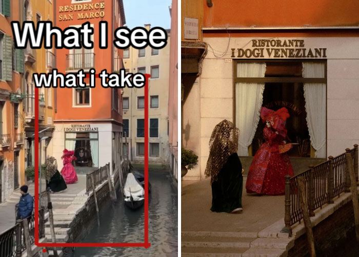 Photographer spots perfect shot of people in colorful costumes by a Venetian canal.
