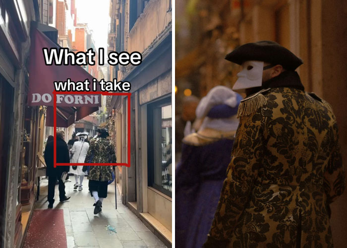 Photographer's view: bustling street turns into an elegant masked figure in rich costume.