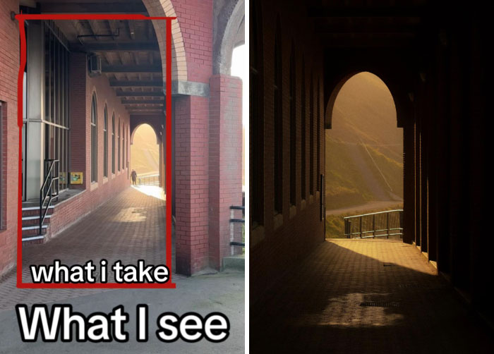 Photographer's perspective: left image shows full view with archway, right image shows focused archway shot with sunlight.
